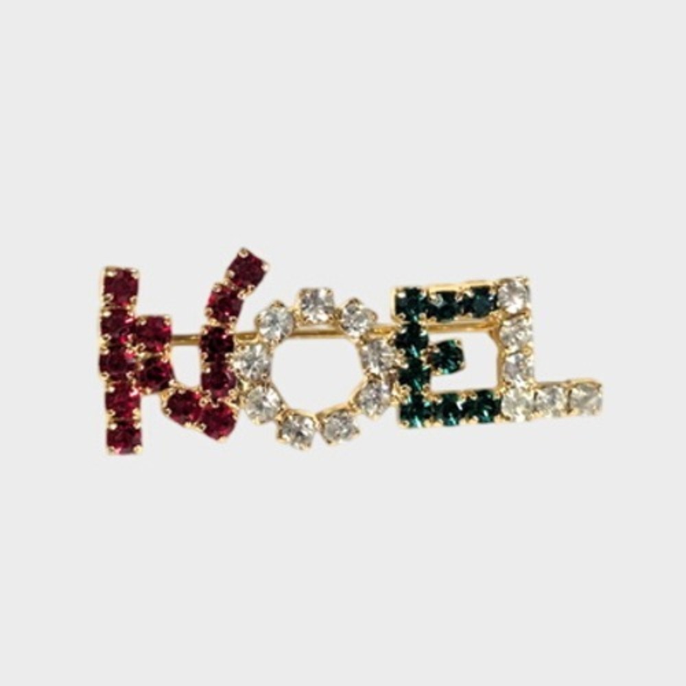 Vintage Christmas 'NOEL' Rhinestone Brooch Pin‎ 1.75" Red Green White Gold-tone